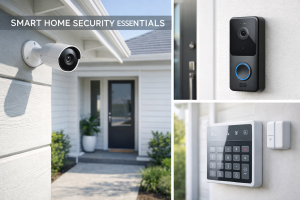 Smart home security system with outdoor camera, video doorbell and alarm keypad